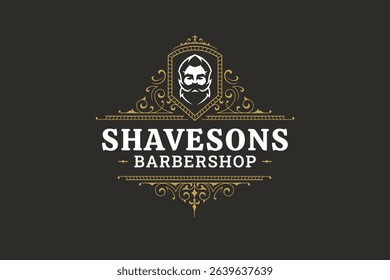 Stylish barbershop emblem featuring a male portrait, vintage ornaments, and gold accents. Perfect for grooming services and fashion-forward businesses. Vector illustration