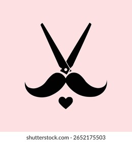 Stylish Barbershop and Grooming Logo: Scissors, Mustache and Heart Icon on Pink Background