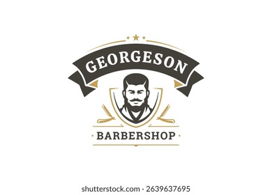 Stylish barbershop logo with a male portrait, vintage razors, and a retro emblem. Perfect for grooming services. Vector illustration