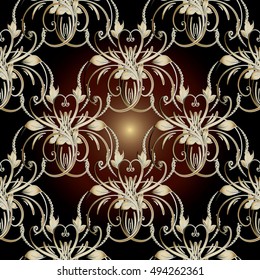 Stylish baroque damask floral vector seamless pattern background wallpaper illustration with vintage antique decorative 3d flowers,leaves and ornaments.Elegant decor with shadows and highlights