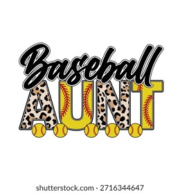 stylisches Baseball-Tante-Design mit Leoparden-Print-Text mit Baseball-Stitching und sportlichen Akzenten perfekt für Familienfans und Spieltagsoutfits Spaß trendige Vektorgrafik für T-Shirt-Print-Aufkleber oder Poster für unterstützende Tanten Baseball-Liebhaber und Mode inspirierte Sportbekleidung