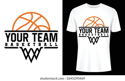 Design elegante logotipo da equipe de basquete com uma bola laranja vibrante e tipografia ousada perfeita para camisas e mercadorias.