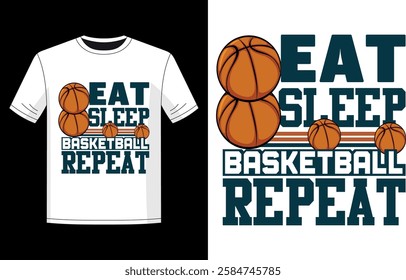 Stylish basketball-themed t-shirt design featuring the phrase "Eat Sleep Basketball Repeat" with bold typography and multiple basketball illustrations.  
