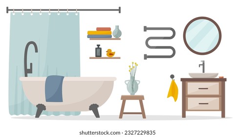 Stylish bathroom in flat vector style. Accessories: shampoo, shower gel, soap, shelf, stool, vase, towel, mirror, sink, heated towel rail.