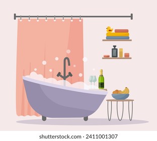 Stylish bathroom in flat vector style. Accessories: shampoo, shower gel, soap, shelf, stool, vase, towel. Romance with your loved one.