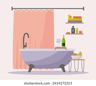 El cuarto de baño es de diseño, con un estilo vectorial plano. Accesorios: champú, gel de ducha, jabón, estante, taburete, jarrón, toalla. Romance con tu ser querido.