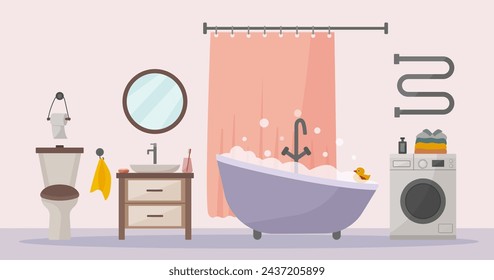 Stylish bathroom in flat vector style. Bath, washing machine, toilet, sink. Accessories: shampoo, shower gel, soap, towel, mirror, bath curtain.