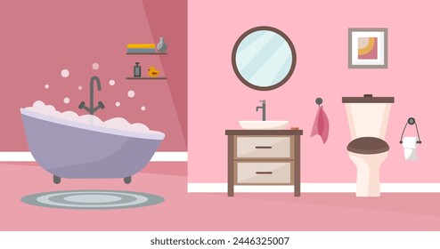 Cuarto de baño elegante en estilo Vector plano. Accesorios: champú, gel de ducha, jabón, estante, taburete, jarrón, toalla, espejo, fregadero, calentador de toallas.