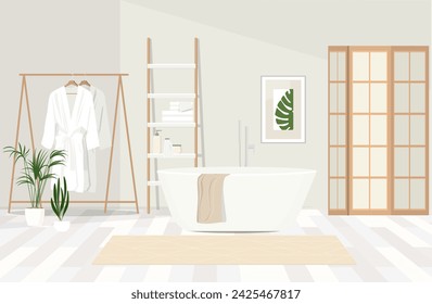 Stylish bathroom interior with beautiful tub and houseplants