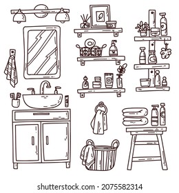 Stylish bathroom interior with home decorations. Cozy modern comfy apartment furnished. Vector illustration.