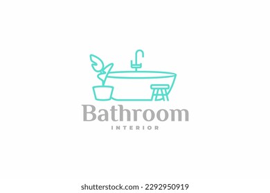 Stylish bathroom interior in modern eco-friendly style with a bathtub logo design. Bathroom interior with stool and houseplant graphic design