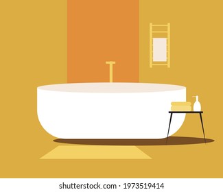 Stylish bathroom, interior template. Flat vector stock illustration. Modern bathroom interior and nobody. Yellow bathroom for design, animation and overlay. Vector graphics