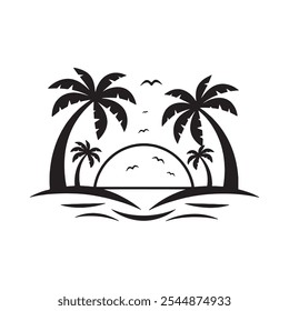 Stylish beach scene line art, perfect for summer decor and digital artwork,Minimalist beach drawing with palm trees, ideal for vacation merchandise