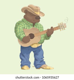 Stylish bear in a cowboy suit and hat standing and playing the guitar. Illustration on white background.