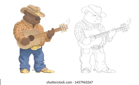 Stylish bear in a cowboy suit and hat standing and playing the guitar. Illustration on white background.