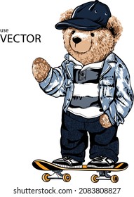 Stylish bear in a denim jacket on a skateboard