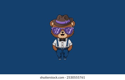 Stylish bear in a hat, bowtie, and star-shaped glasses.