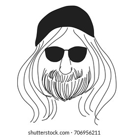 Stylish beard hipster man face wears beanie and sunglasses. Vector illustration with hand drawn style.