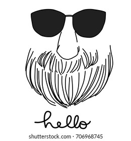 Stylish beard hipster man face wears sunglasses with greeting word-hello. Vector illustration with hand -drawn style.