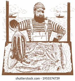 Stylish bearded fisherman in a vest, jumpsuit with suspenders and a knitted beanie hat, a pirate headband and a pipe. Fish showcase with fish, shrimps, crabs and seafood on ice. holds a large octopus.