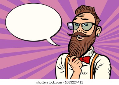 Stylish bearded hipster with glasses thinks. Comic cartoon pop art retro illustration vector drawing