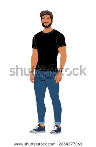 Stylish bearded man in black tshirt, jeans standing full length front view. Casual male character. Flat vector illustration Isolated on white background