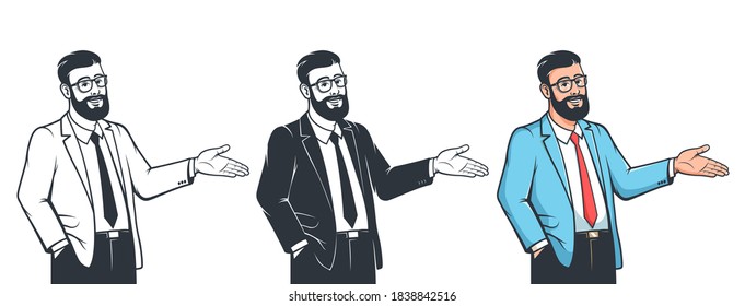 Stylish bearded man in glasses and suit invites gesture. Positive businessman showing something. Vector illustration.