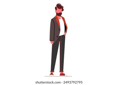 Stylish bearded man. Vector illustration of fashionable male character standing confidently in casual attire.