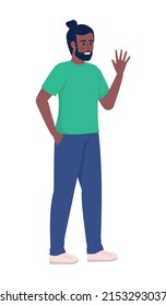 Stylish bearded man waving hand semi flat color vector character. Standing figure. Full body person on white. Friendly greeting simple cartoon style illustration for web graphic design and animation