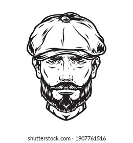 Stylish Bearded And Mustached Male Head In Irish Cap Isolated Vector Illustration
