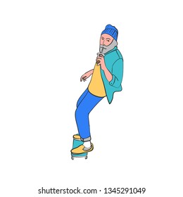 Stylish bearded old man skater in jeans and sneakers. Skateboard. Vector illustration for a postcard or a poster, print for clothes. Street cultures.