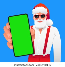 Stylish bearded Santa Claus in sunglasses stands with a smartphone in his hand. Close-up of the green screen of the phone. Place to advertise a mobile app. Vector illustration. svg