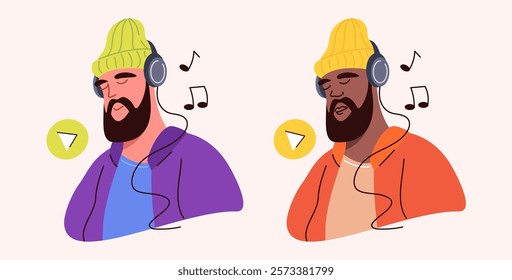 Stylish bearded young man in headphones enjoying the music. Two ethnic: сaucasian and black. Portrait in a modern, flat hand-drawn vector style