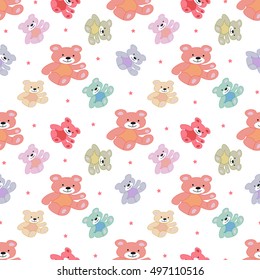 Stylish beautiful baby seamless pattern with teddy bears. Children's decoration texture. Template for design fabric, backgrounds, wrapping paper, package, covers, cards, invitations, backgrounds. 