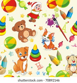 Stylish beautiful baby seamless pattern with toys, vector elegance background. Children's decoration texture.