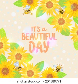 Stylish beautiful background sunflower with cute cartoon bee with space for text