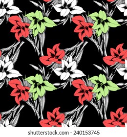 Stylish beautiful bright floral seamless pattern on black background vector illustration