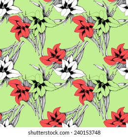 Stylish beautiful bright floral seamless pattern on green background vector illustration