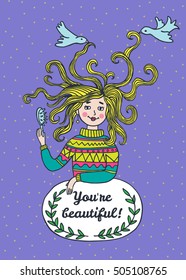 Stylish beautiful card with illustrated girl. Vector illustrated girl with comb.