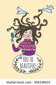 Stylish beautiful card with illustrated girl. Vector illustrated girl with comb.