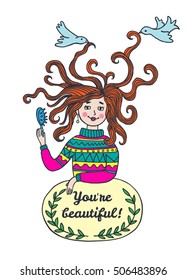 Stylish beautiful card with illustrated girl. Vector illustrated girl with comb.