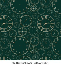 Elegante y bonito patrón de reloj sobre fondo verde. Tiempo, vigilancia, horario, negocios, gestión, plan, trabajo y concepto de urgencia. Ilustración del vector