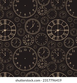 Stylish beautiful clock pattern on black background. Time, watch, schedule, business, management, plan, work and urgency concept. Vector illustration
