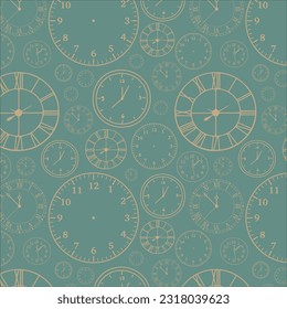Stylish beautiful clock pattern on green background. Time, watch, schedule, business, management, plan, work and urgency concept. Vector illustration