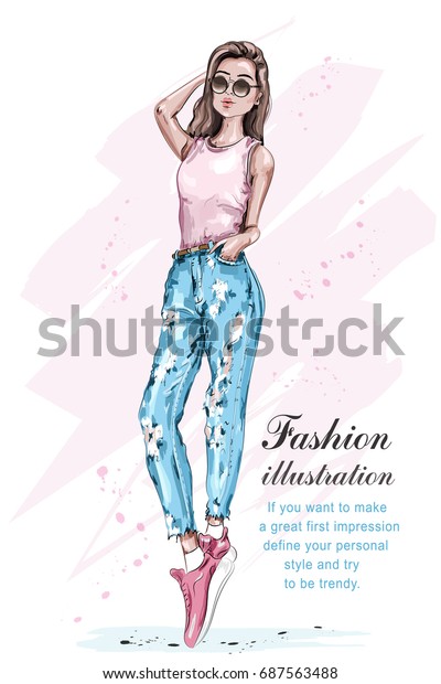 サングラスをかけたスタイリッシュな美しい女の子 手描きのファッションガール ファッション服を着た綺麗な女性 ファッションルック スケッチ ベクター イラスト のベクター画像素材 ロイヤリティフリー 687563488