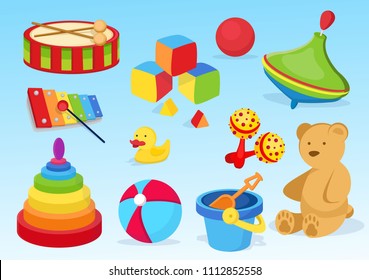 Stylish, beautiful, cute baby toy, developing thing. Toy Bear, jig, toy bucket , shoulder blade, ball, colored dice, small xylophone, yolk duck. Modern vector flat design image isolated on blue back