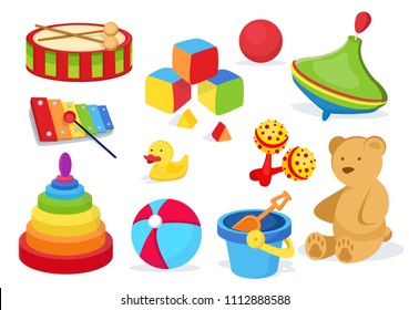 Stylish, beautiful, cute baby toy, developing thing, toy Bear, jig, toy bucket , shoulder blade, ball, colored dice, small xylophone, yolk duck. Modern vector flat design image isolated on white back