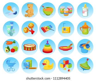 Stylish, beautiful, cute baby toy developing thing baby food, toys, xylophone, maracas, glass, plastic bottle with juice, liquid, milk, food additives. Modern vector flat design image isolated on blue