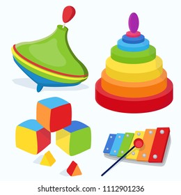 Stylish, beautiful, cute baby toy, developing thing children's toys, colored cubes, green birch, pyramid, xylophone. Modern vector flat design image isolated on white background