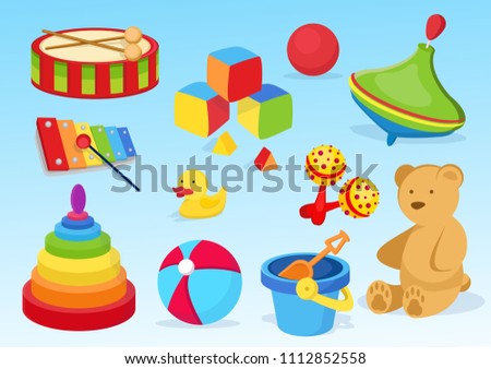 Stylish, beautiful, cute baby toy, developing thing. Toy Bear, jig, toy bucket , shoulder blade, ball, colored dice, small xylophone, yolk duck. Modern vector flat design image isolated on blue back